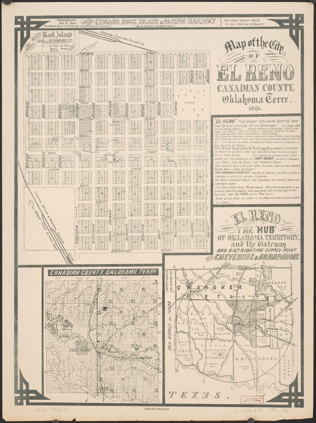 This old map of Map of the City of El Reno, Canadian County, Oklahoma Terry. from 1891 was created by  Rock Island Land and Debenture Co in 1891