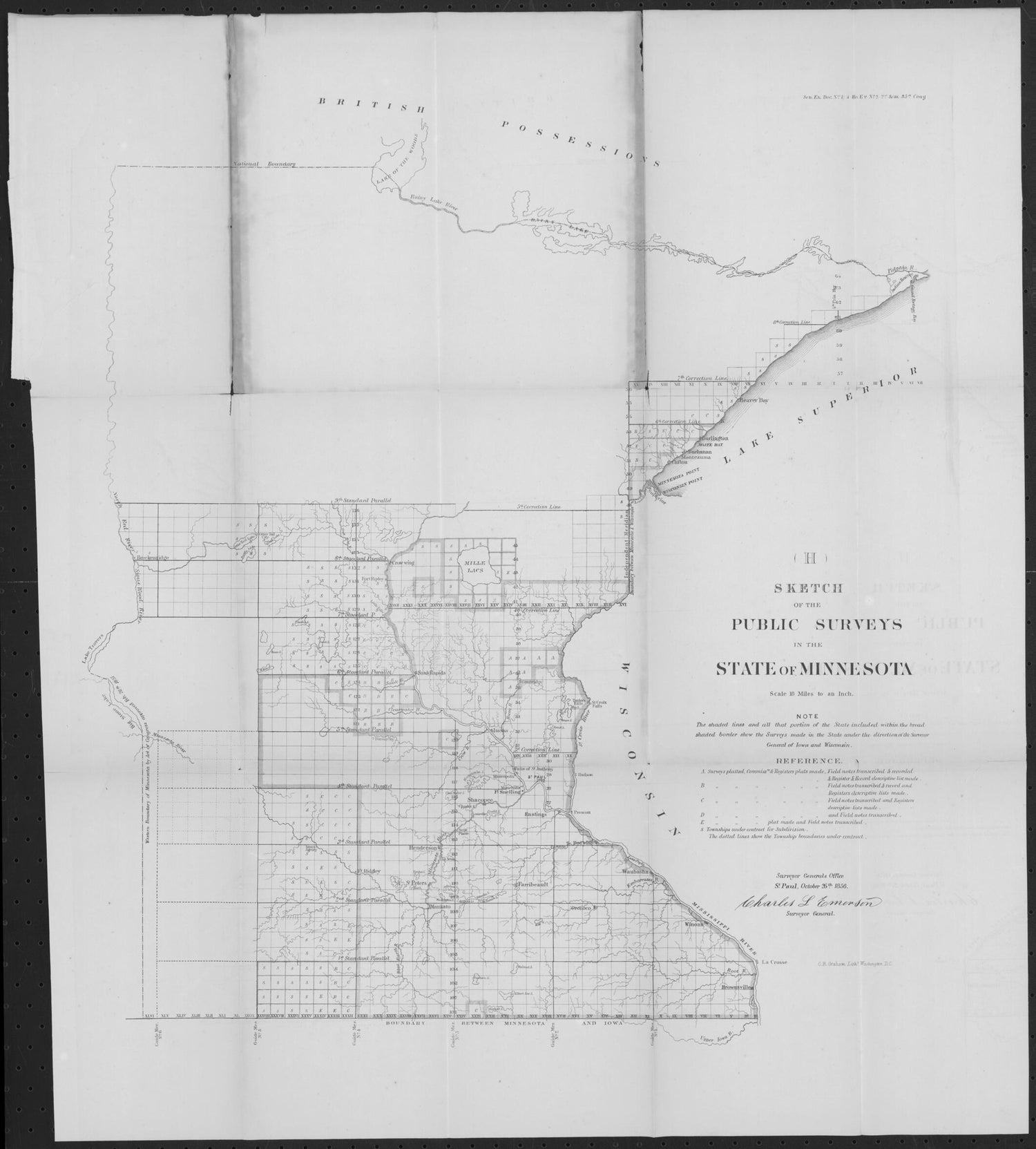 This old map of Sketch of the Public Surveys In the State of Minnesota from 1856 was created by  C.B. Graham&