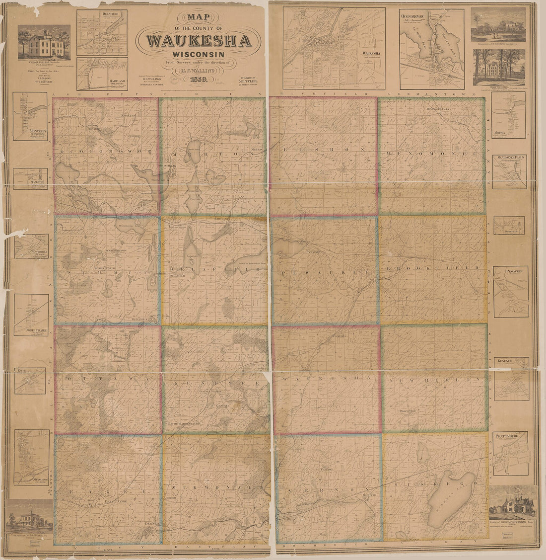 This old map of Map of the County of Waukesha, Wisconsin from 1859 was created by Henry Francis Walling in 1859