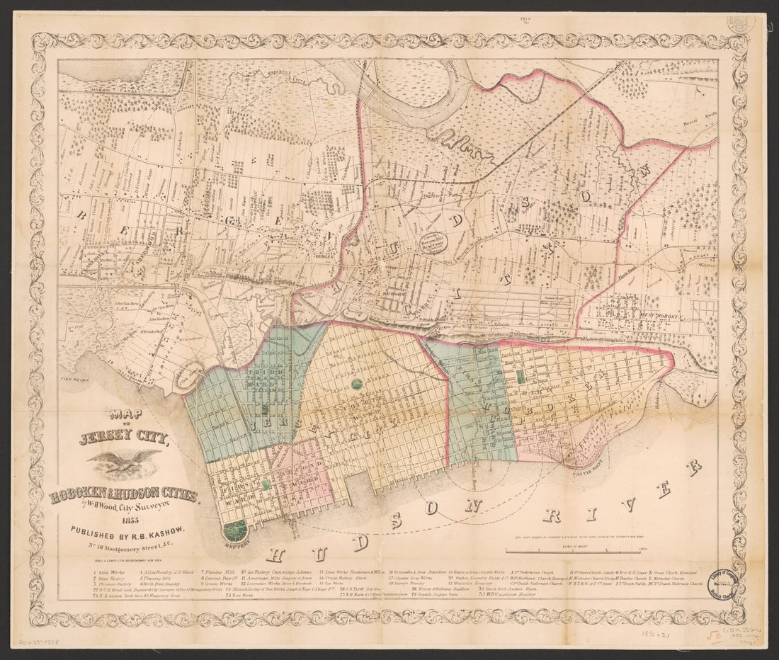 This old map of Map of Jersey City, Hoboken &amp; Hudson Cities (Map of Jersey City, Hoboken and Hudson Cities) from 1855 was created by R.B. Kashow, Wm. H. Wood in 1855