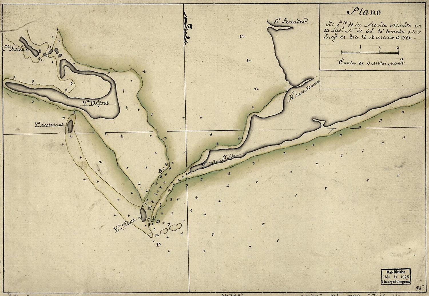 This old map of Plano Del Pto. De La Movila Situado En La Latd. N. De 30⁰ 10ʹ Tomado á Los Ings., El Día 14 De Marzo De from 1780 was created by  in 1780
