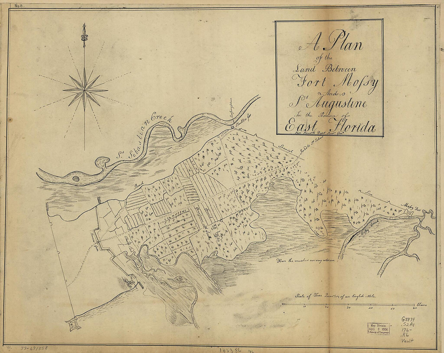 This old map of A Plan of the Land Between Fort Mossy and St. Augustine In the Province of East Florida from 1760 was created by Sam Roworth in 1760