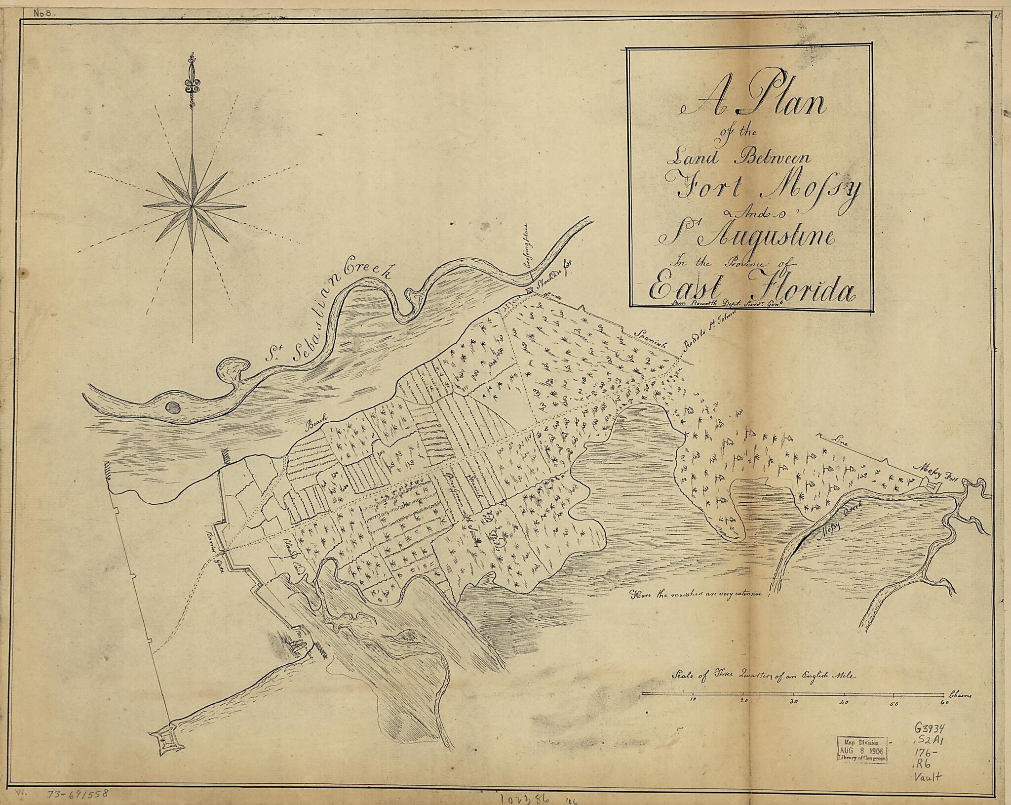 This old map of A Plan of the Land Between Fort Mossy and St. Augustine In the Province of East Florida from 1760 was created by Sam Roworth in 1760