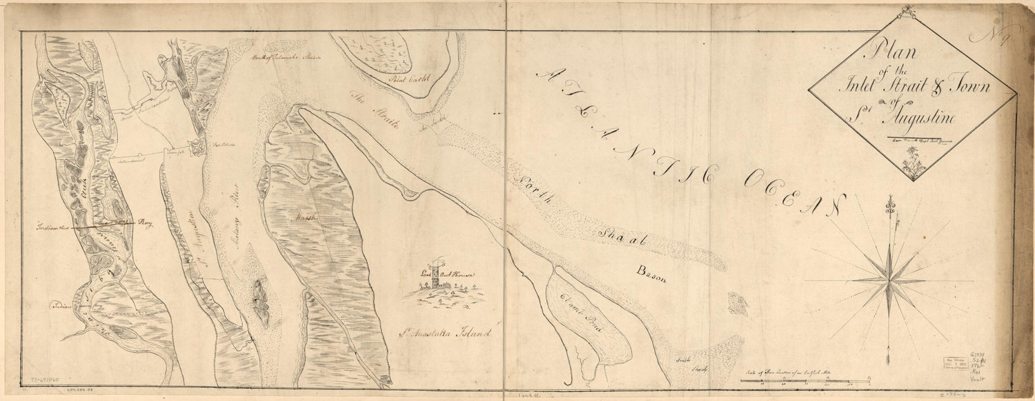 This old map of Plan of the Inlet, Strait, &amp; Town of St. Augustine from 1760 was created by Sam Roworth in 1760