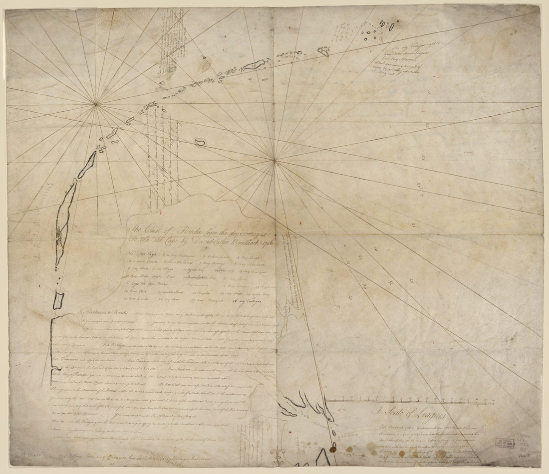 This old map of The Coast of Florida from the Dry Tortugas to the Old Cape from 1756 was created by David Cutler Braddock in 1756