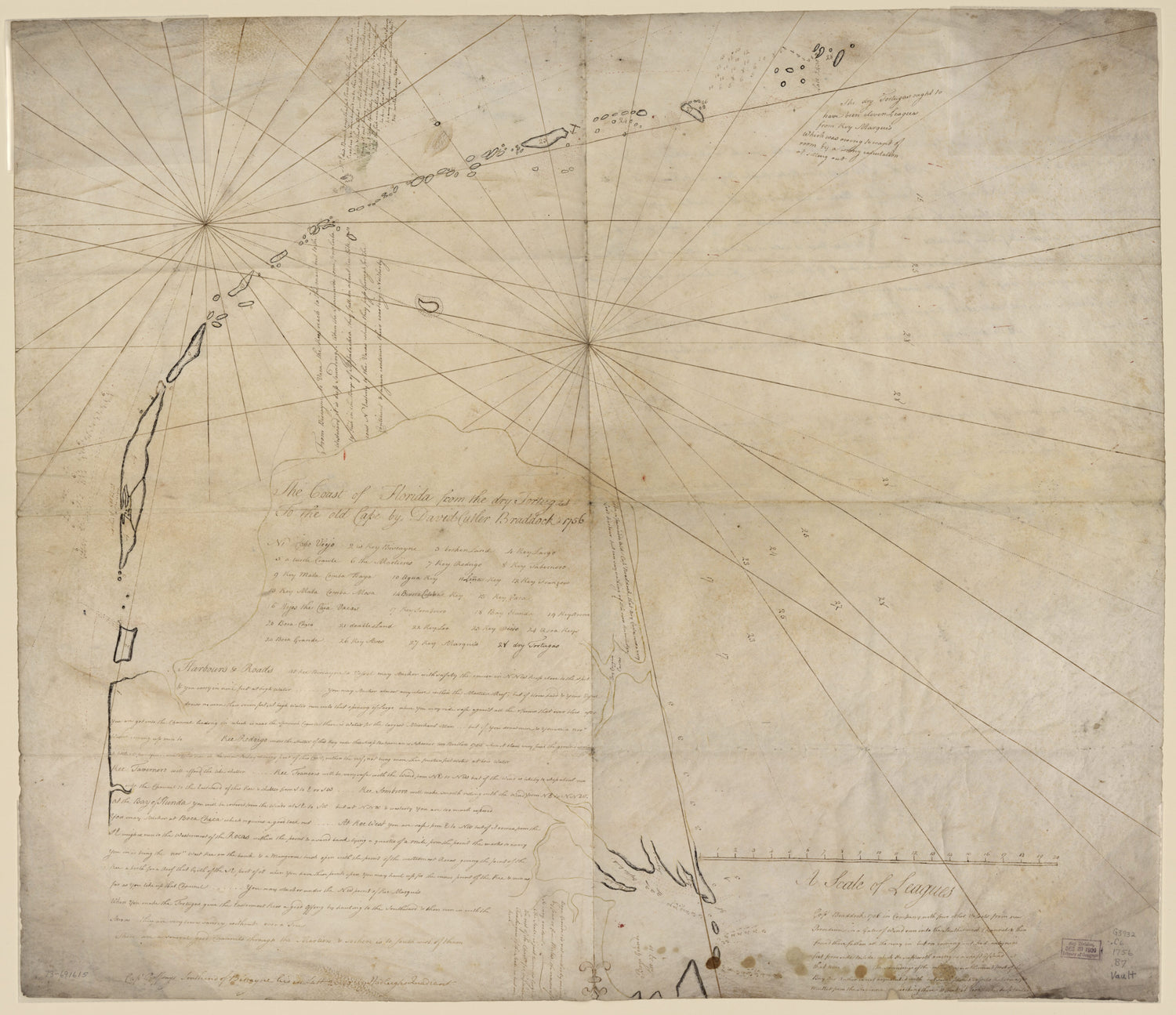 This old map of The Coast of Florida from the Dry Tortugas to the Old Cape from 1756 was created by David Cutler Braddock in 1756