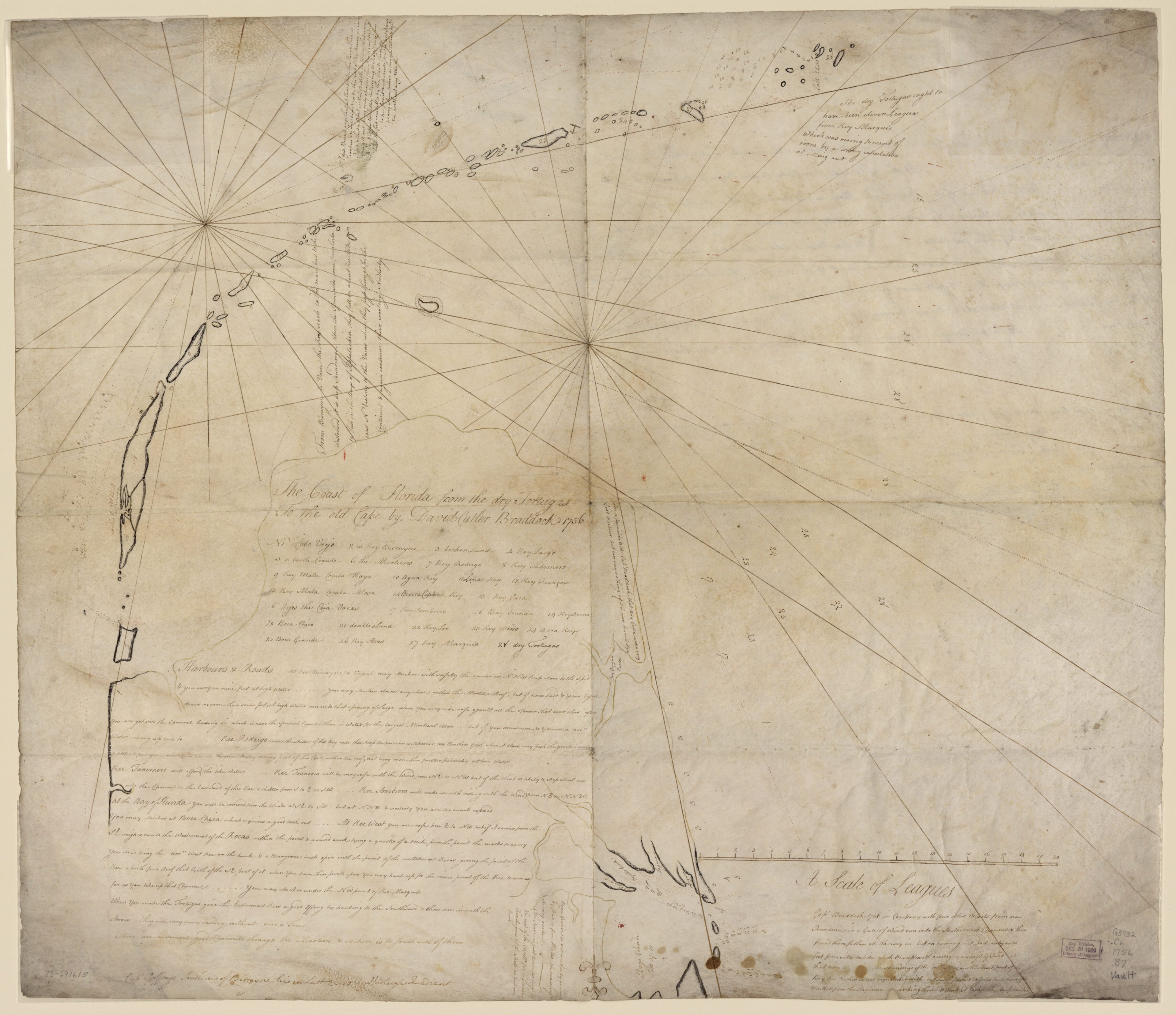 This old map of The Coast of Florida from the Dry Tortugas to the Old Cape from 1756 was created by David Cutler Braddock in 1756