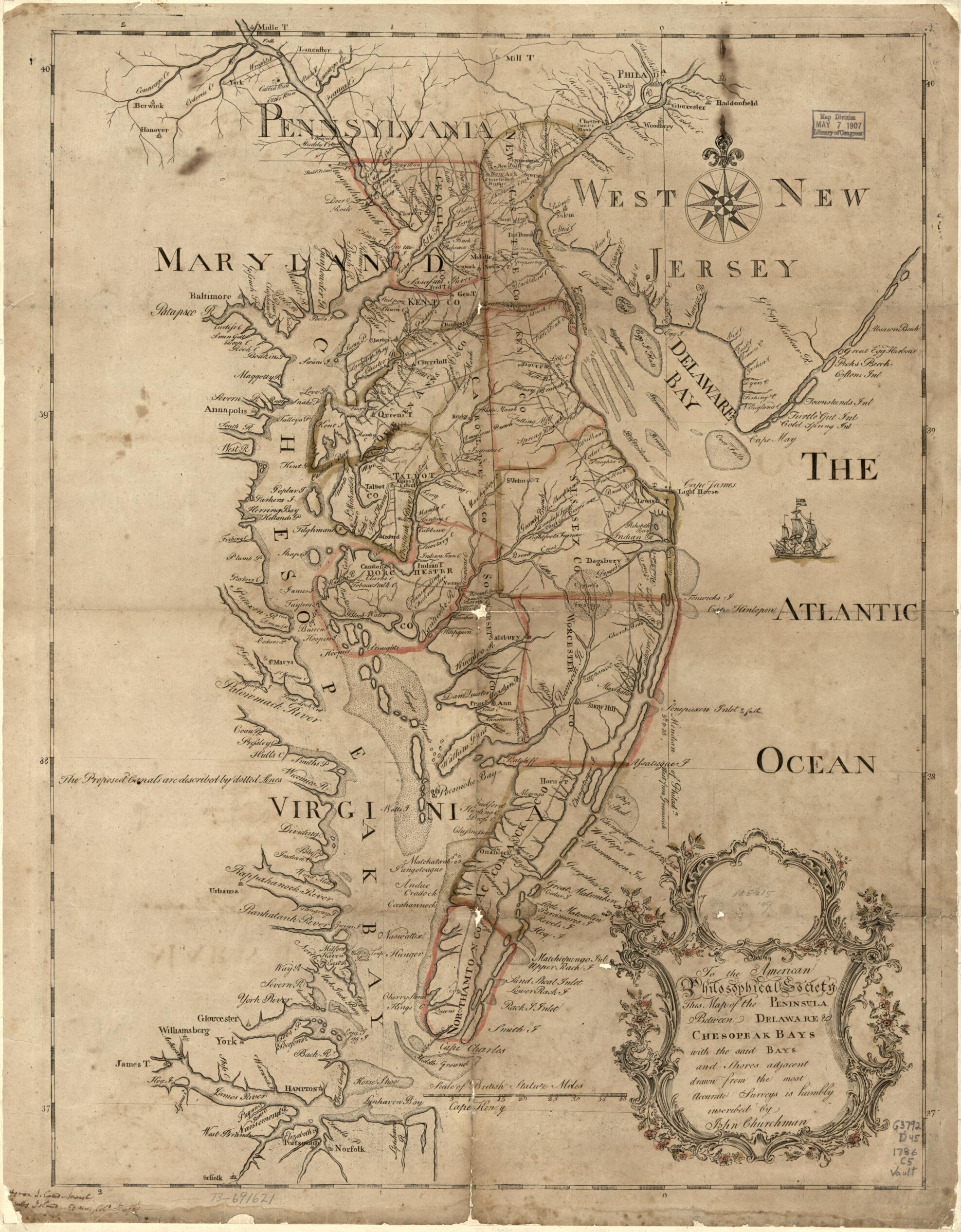 This old map of To the American Philosophical Society, This Map of the Peninsula Between Delaware &amp; Chesopeak Bays, With the Said Bays and Shores Adjacent Drawn from the Most Accurate Surveys Is Humbly Inscribed by John Churchman from 1786 was created by