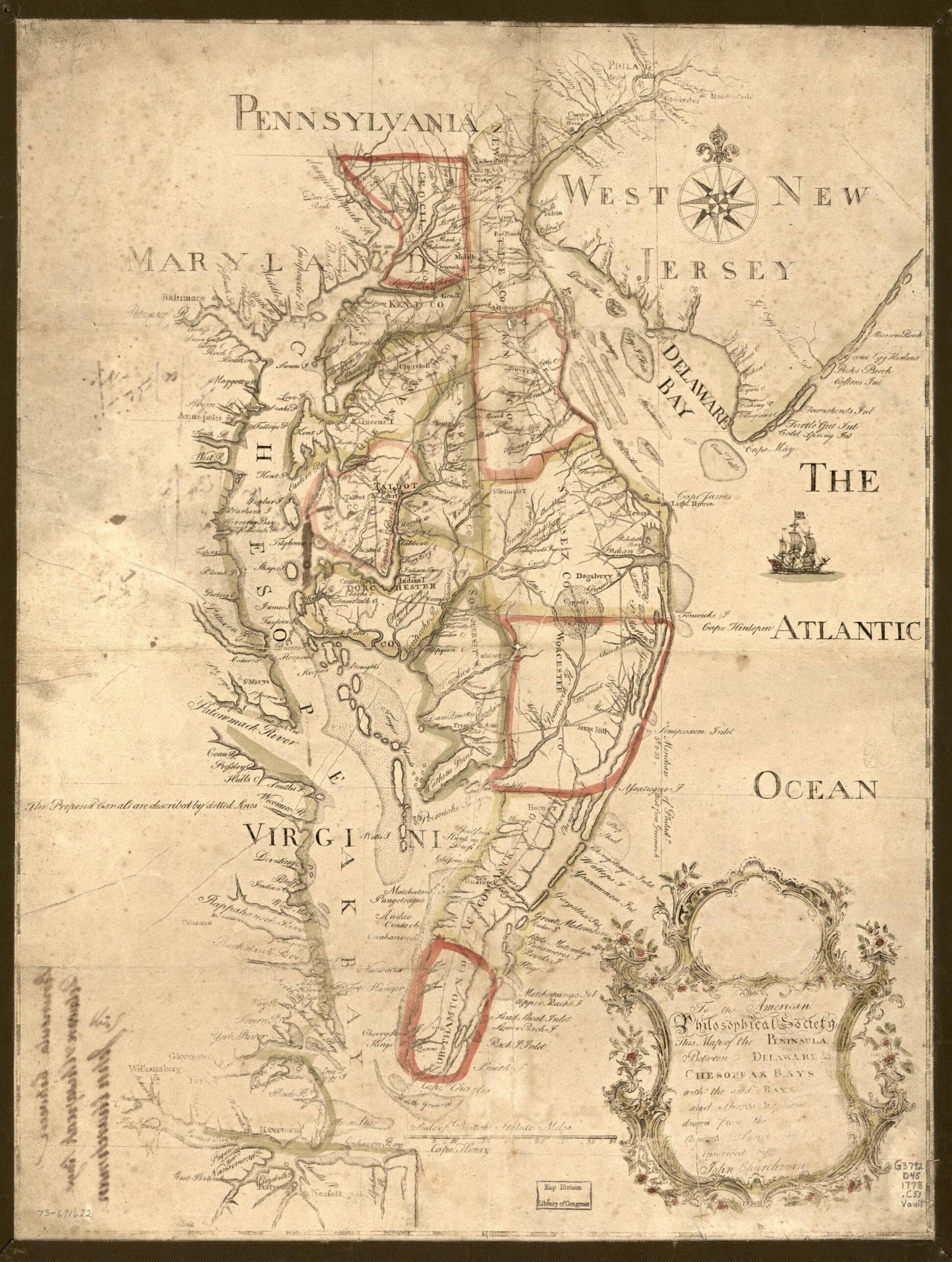 This old map of To the American Philosophical Society, This Map of the Peninsula Between Delaware &amp; Chesopeak Bays, With the Said Bays and Shores Adjacent Drawn from the Most Accurate Surveys Is humbly Inscribed by John Churchman from 1778 was created by