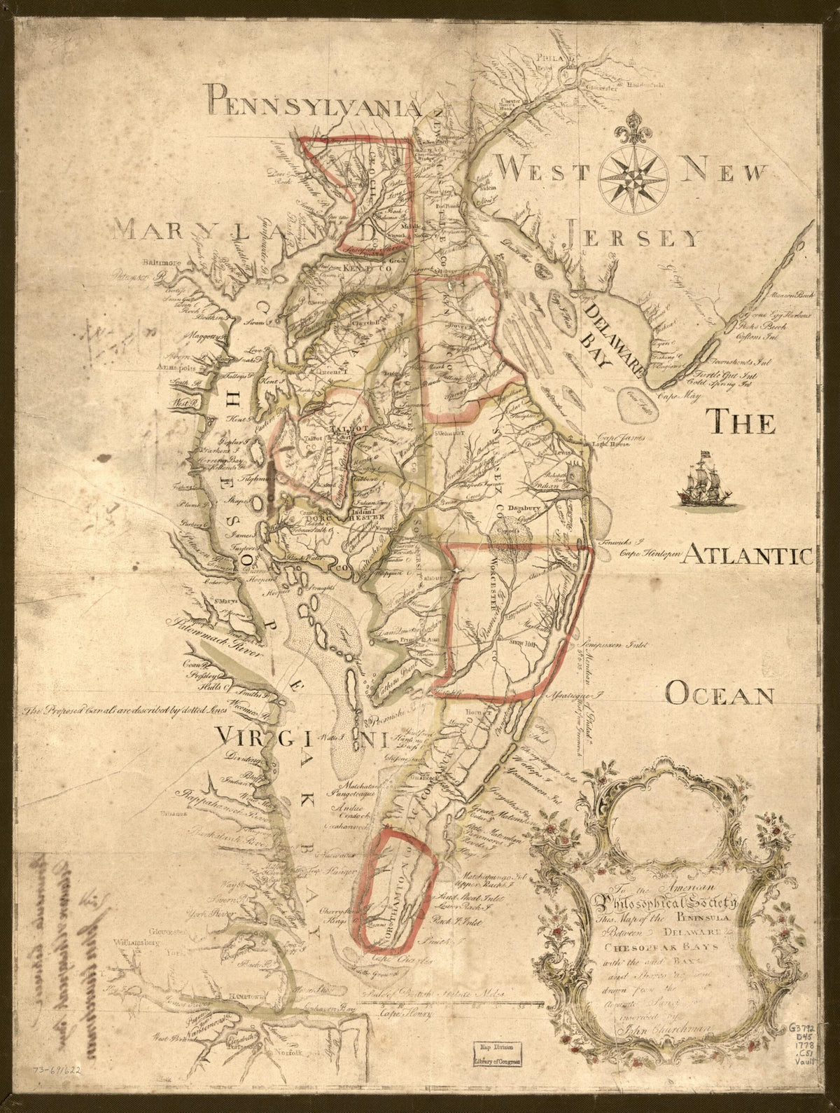 To the American Philosophical Society, This Map of the Peninsula Between Delaware &amp; Chesopeak Bays, With the Said Bays and Shores Adjacent Drawn from the Most Accurate Surveys Is humbly Inscribed by John Churchman 1778 by Relic Map Company
