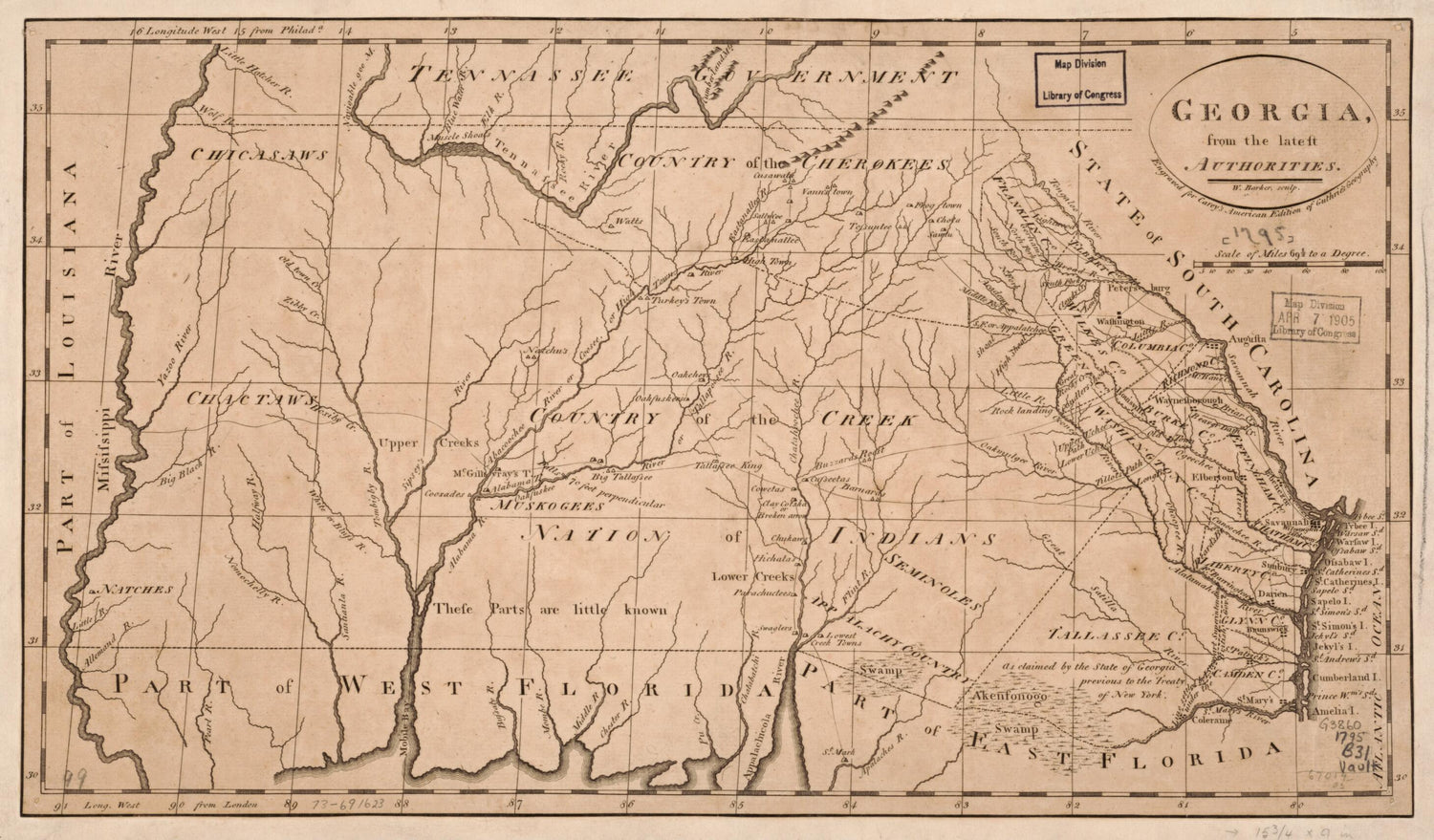 This old map of Georgia, from the Latest Authorities from 1795 was created by W. (William) Barker, Mathew Carey, William Guthrie in 1795