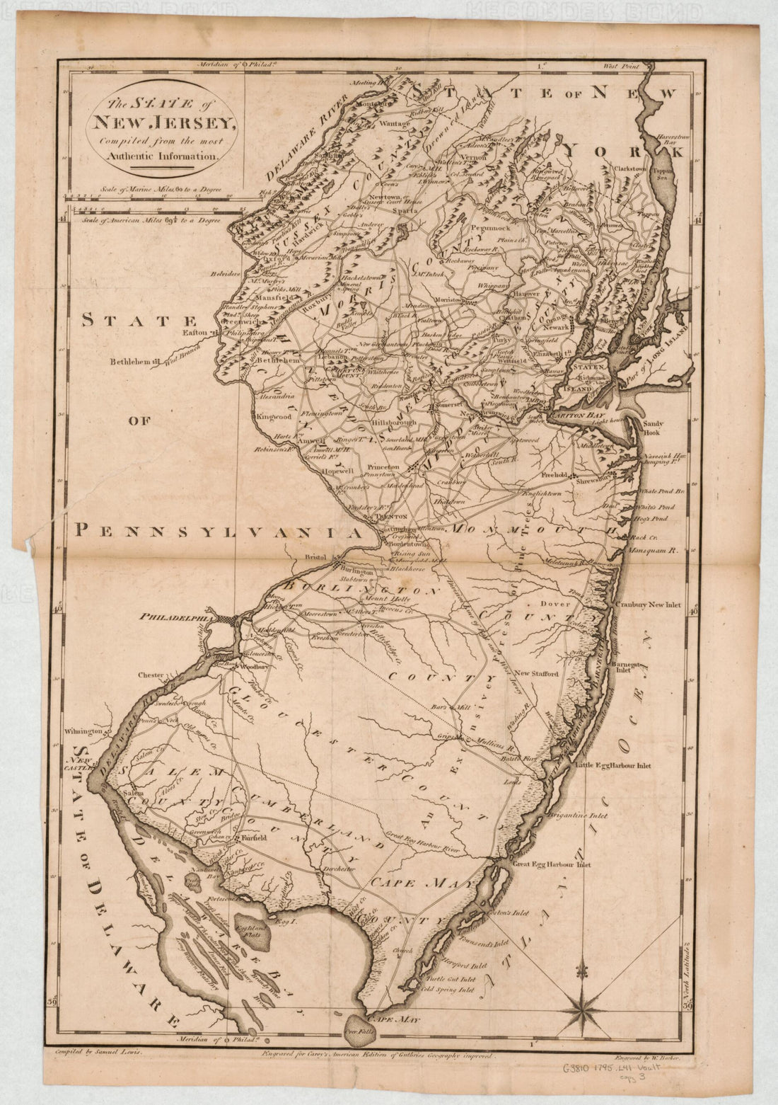 This old map of The State of New Jersey, Compiled from the Most Authentic Information from 1795 was created by W. (William) Barker, Mathew Carey, William Guthrie, Samuel Lewis in 1795