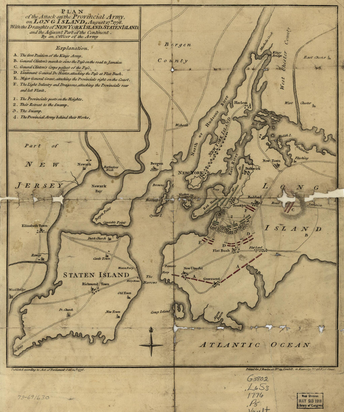 This old map of Plan of the Attack On the Provincial Army On Long Island, August 27th from 1776. With the Draughts of New York Island, Staten Island, and the Adjacent Part of the Continent was created by John Bowles in 1776