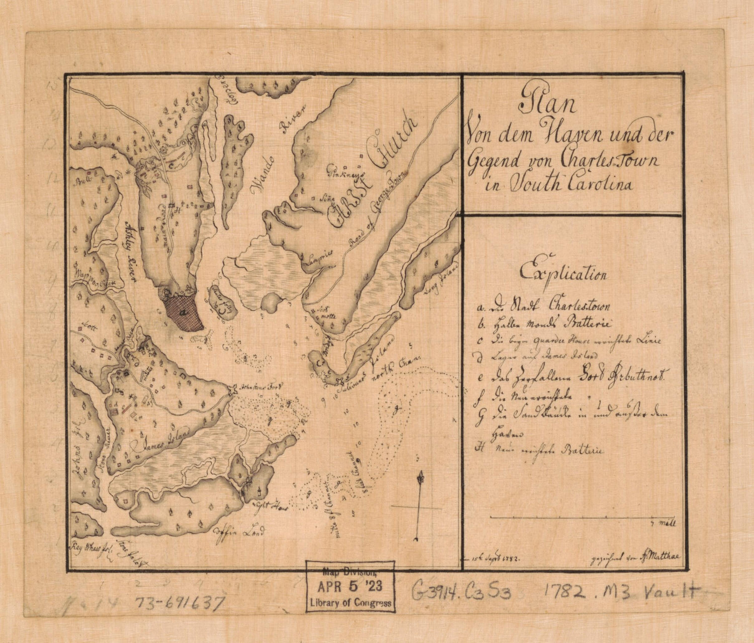 This old map of Plan Von Dem Haven Und Der Gegend Von Charles Town In South Carolina.. Sept. from 1782 was created by A. Matthae in 1782