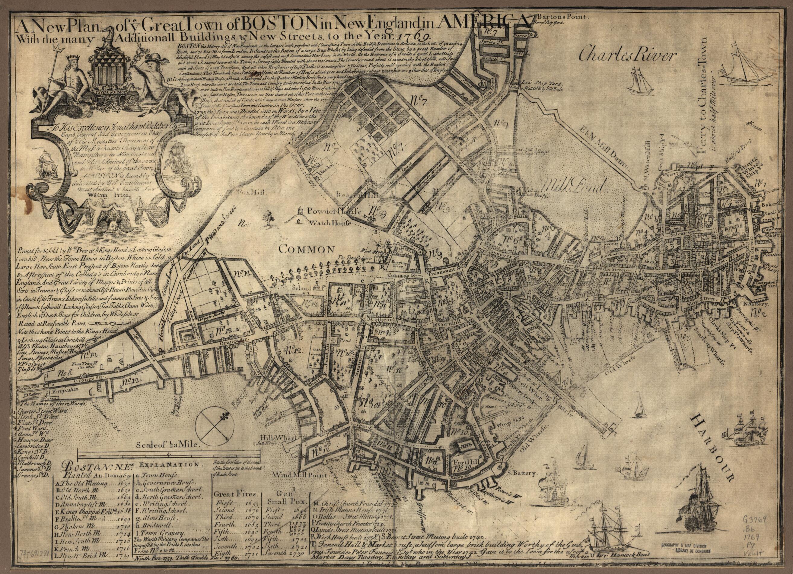 This old map of A New Plan of Ye Great Town of Boston In New England In America With the Many Additionall Buildings &amp; New Streets, to the Year, from 1769 was created by William Price in 1769