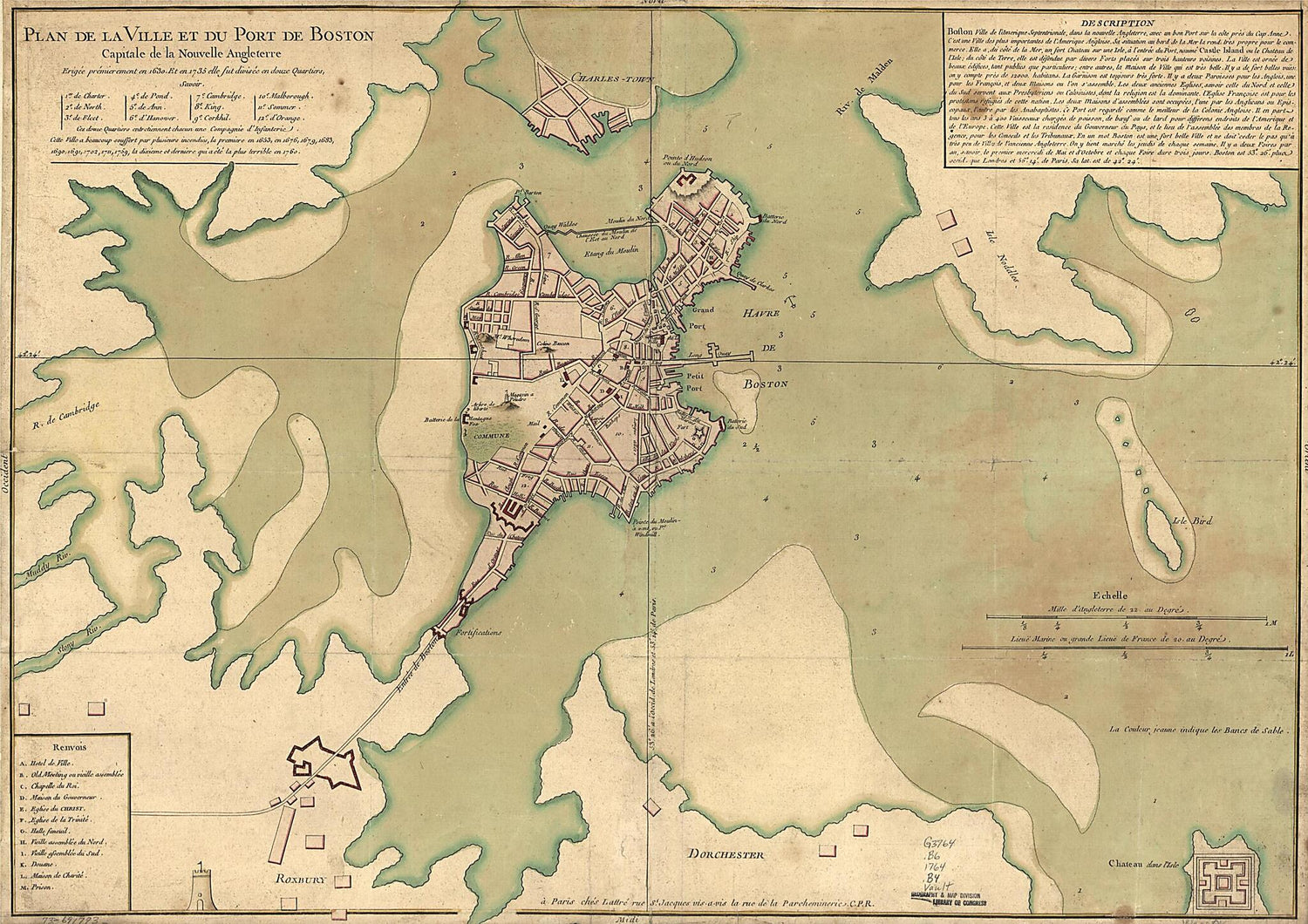 This old map of Plan De La Ville Et Du Port De Boston; Capitale De La Nouvelle Angleterre from 1764 was created by Jacques Nicolas Bellin, Jean Lattré in 1764