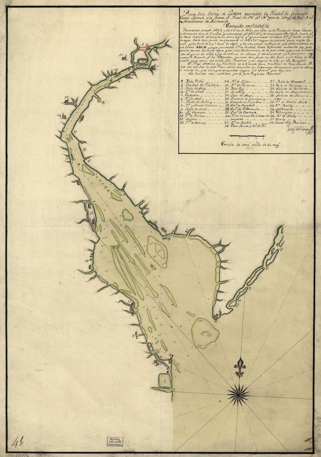 This old map of Plano De La Bahia De La Ware Y Entrada De Filadelfie  from 1780 was created by Josef Del Campo in 1780