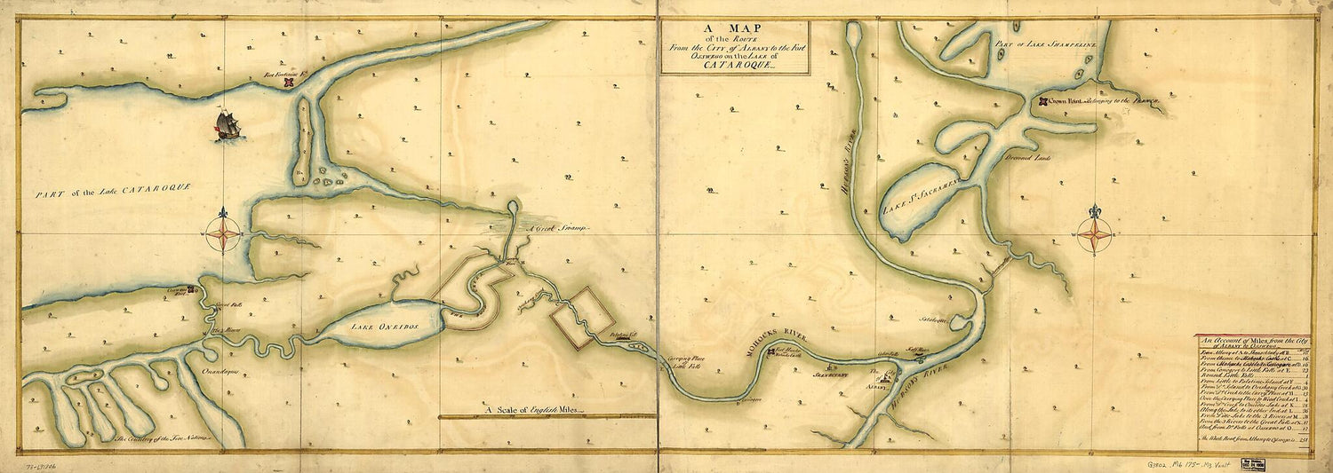 This old map of A Map of the Route from the City of Albany to the Fort Osswego On the Lake of Cataroque from 1750 was created by  in 1750