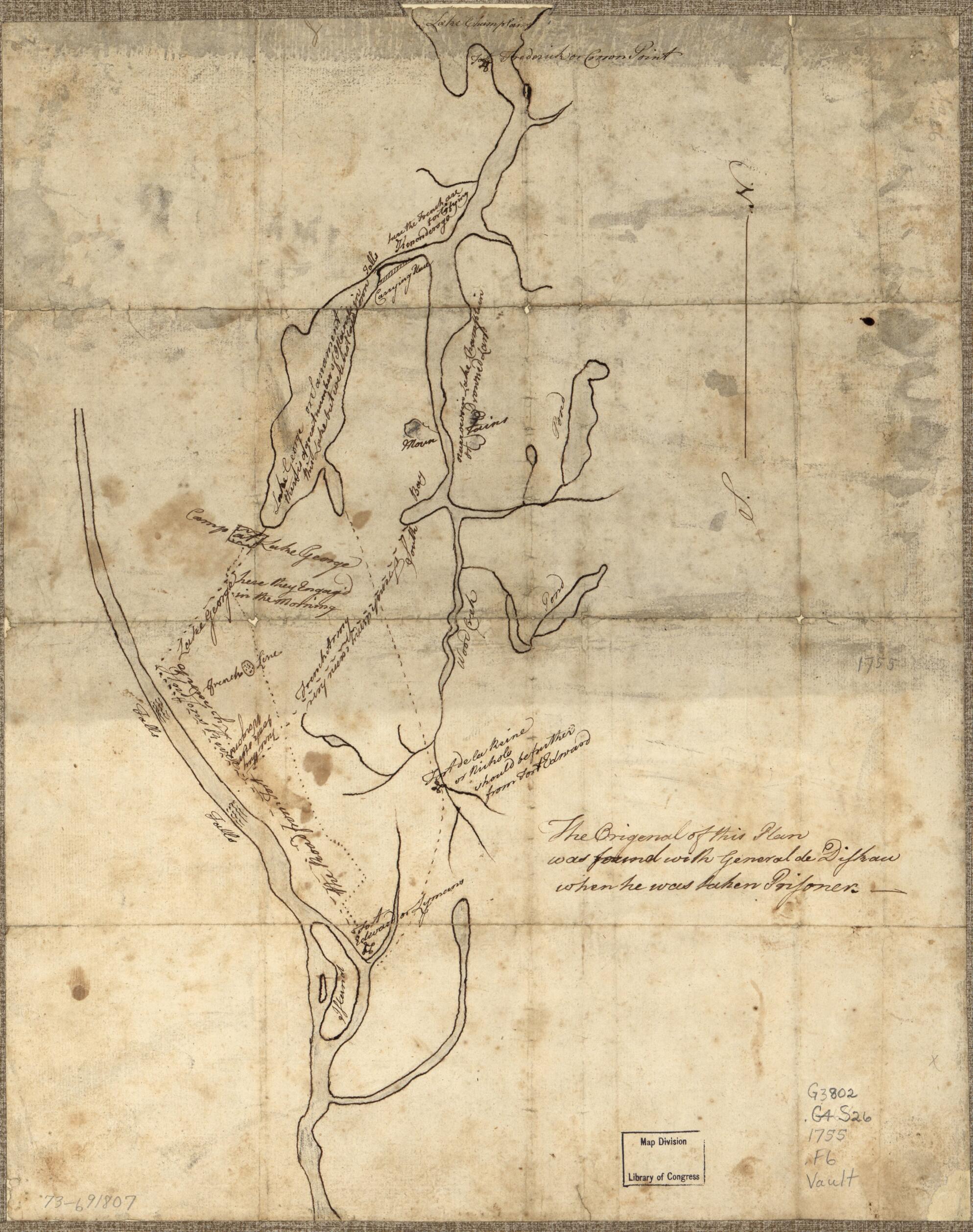 This old map of Fort Edward to Crown Point from 1755 was created by Jean Hermant Dieskau in 1755