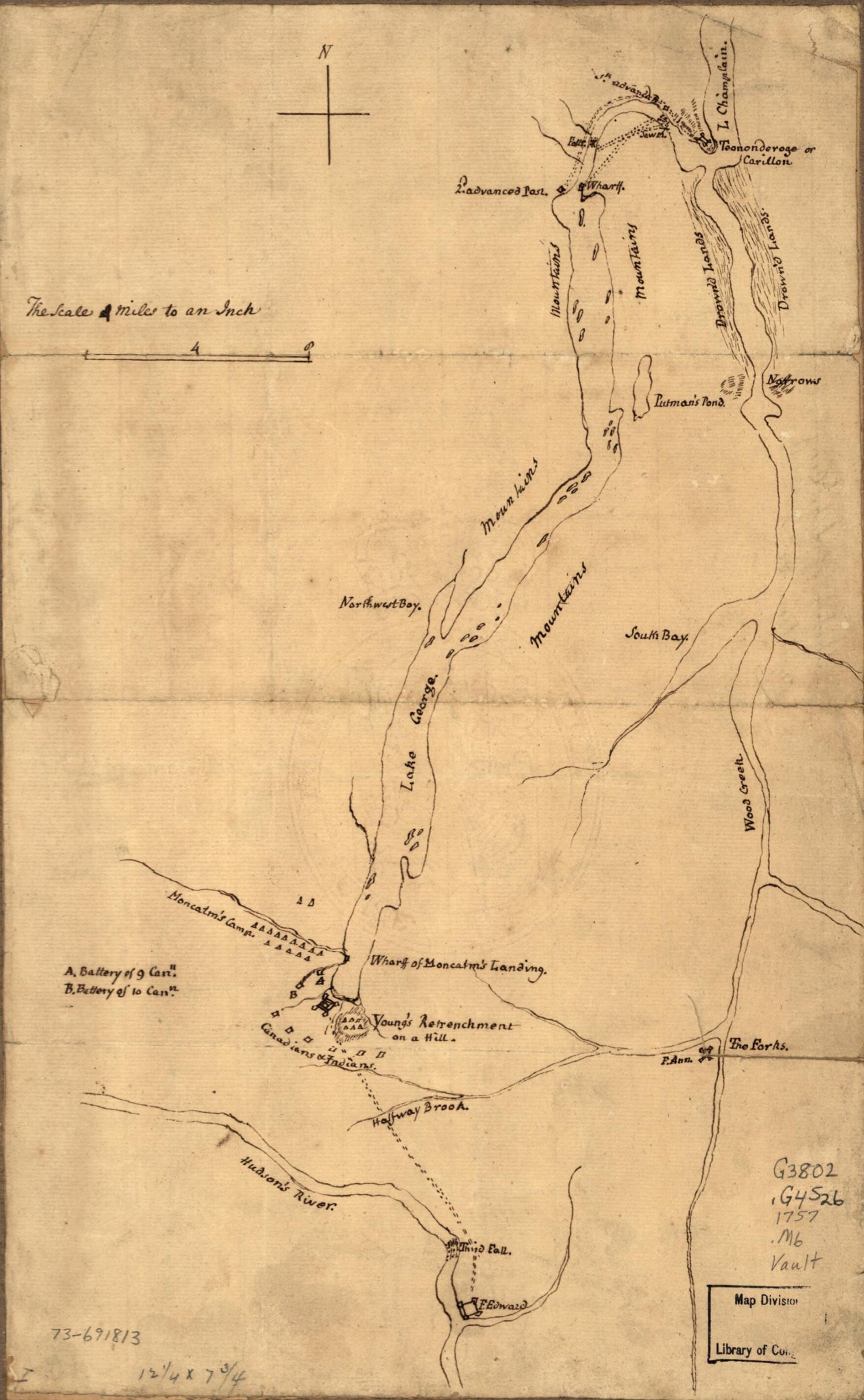 This old map of Plan of the Attack On Fort William Henry and Ticonderoga; Showing the Road from Fort Edward, Montcalm&