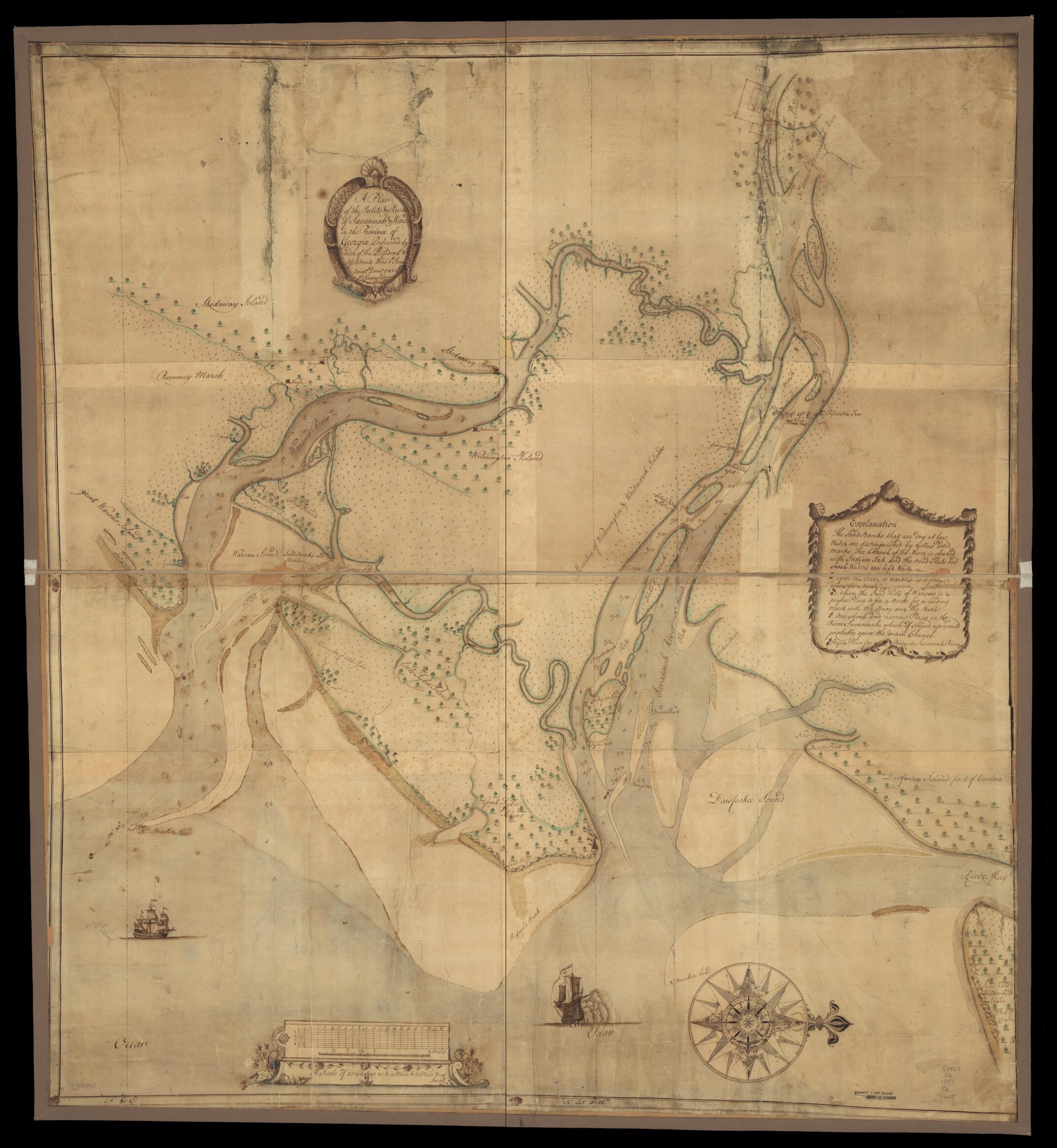 This old map of A Plan of the Inlets &amp; Rivers of Savannah &amp; Warsaw In the Province of Georgia from 1751 was created by Henry Yonge in 1751