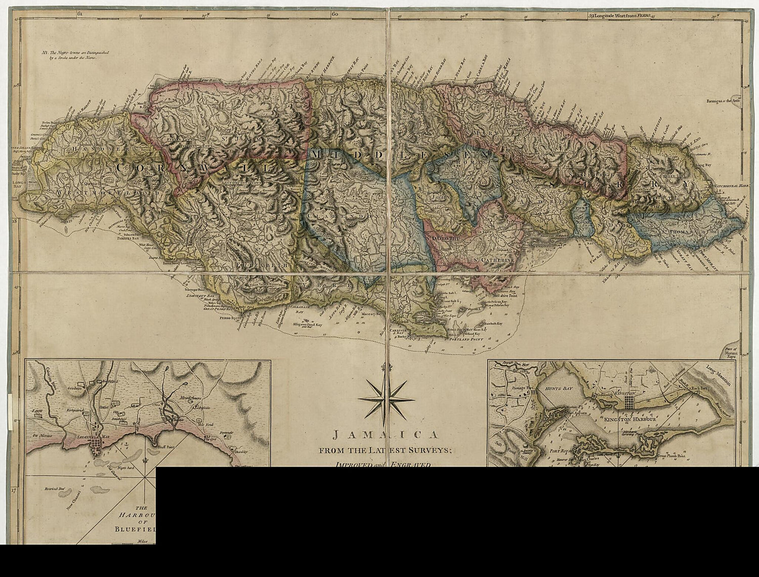 This old map of Jamaica, from the Latest Surveys from 1775 was created by Thomas Jefferys, Robert Sayer in 1775