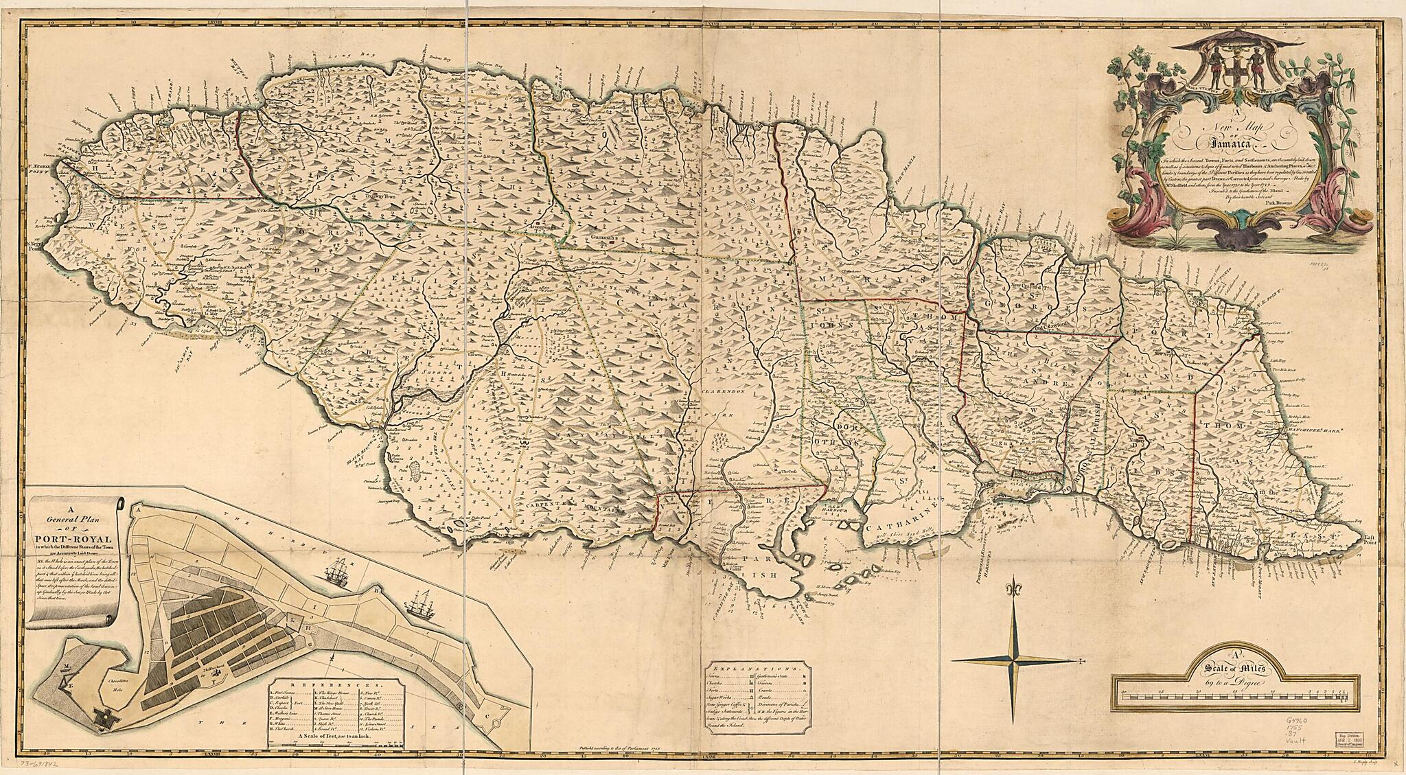 This old map of A New Map of Jamaica; In Which the Several Towns, Forts, and Settlements, Are Accurately Laid Down As Well As Ye Situations &amp; Depts. of Ye Most Noted Harbours &amp; Anchoring Places  from 1755 was created by J. Bayly, Patrick Browne,  Sheffie
