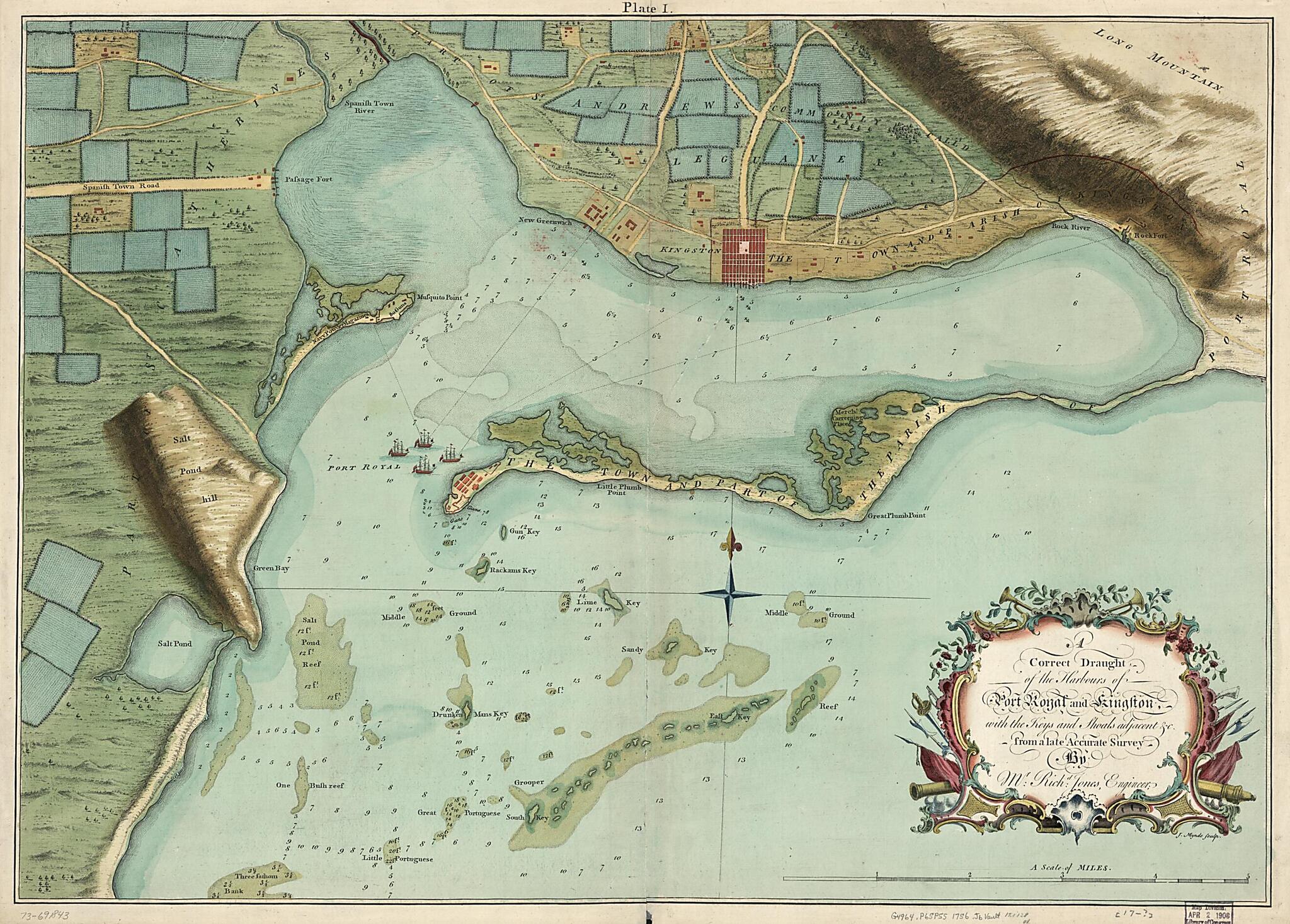 This old map of A Correct Draught of the Harbours of Port Royal and Kingston, With the Keys and Shoals Adjacent &amp;c. from a Late Accurate Survey, by Mr. Richd Jones, Engineer from 1756 was created by Richard Jones, J. Mynde in 1756