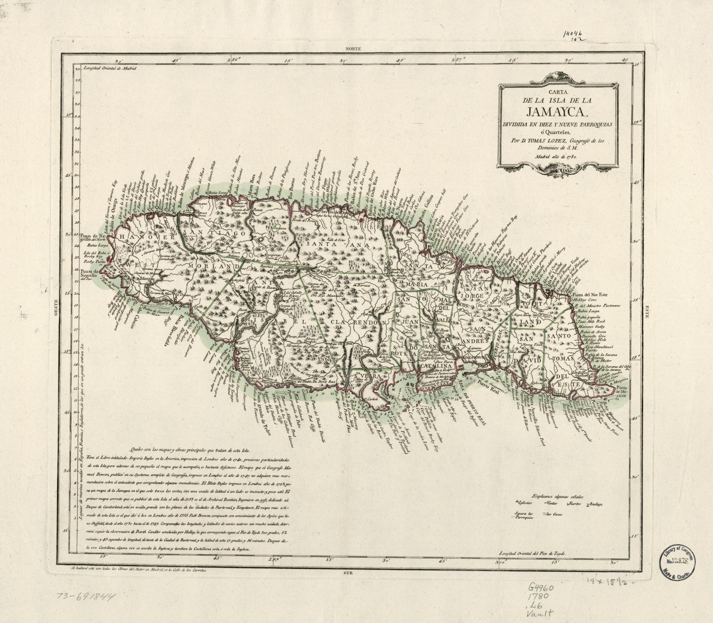 This old map of Carta De La Isla De La Jamayca; Dividida En Diez Y Nueve Parroquias ó Quarteles from 1780 was created by Tomás López De Vargas Machuca in 1780