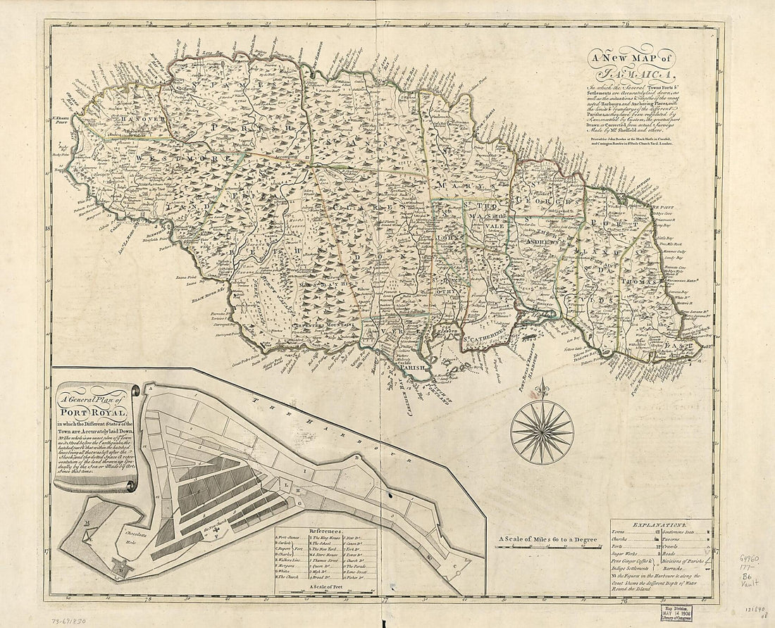 This old map of A New Map of Jamaica; In Which the Several Towns, Forts, &amp; Settlements Are Accurately Laid Down, As Well As the Situations &amp; Depths of the Most Noted Harbours and Anchoring Places  from 1770 was created by Carington Bowles, John Bowles,  