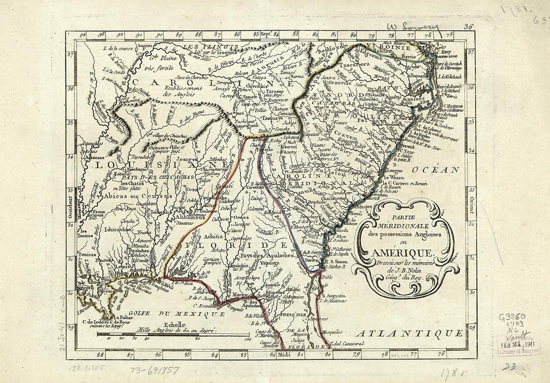 This old map of Partie Méridionale Des Possessions Angloises En Amérique from 1783 was created by Jean Baptiste Nolin in 1783