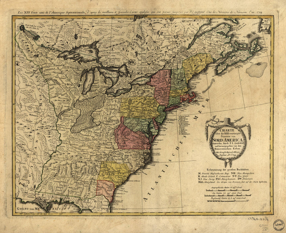 This old map of America from 1784 was created by F. L. (Franz Ludwig) Güssefeld,  Homann Erben (Firm) in 1784