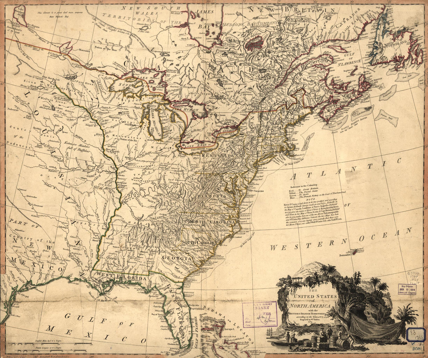 This old map of The United States of North America, With the British &amp; Spanish Territories According to the Treaty of 1784 from 1785 was created by William Faden in 1785