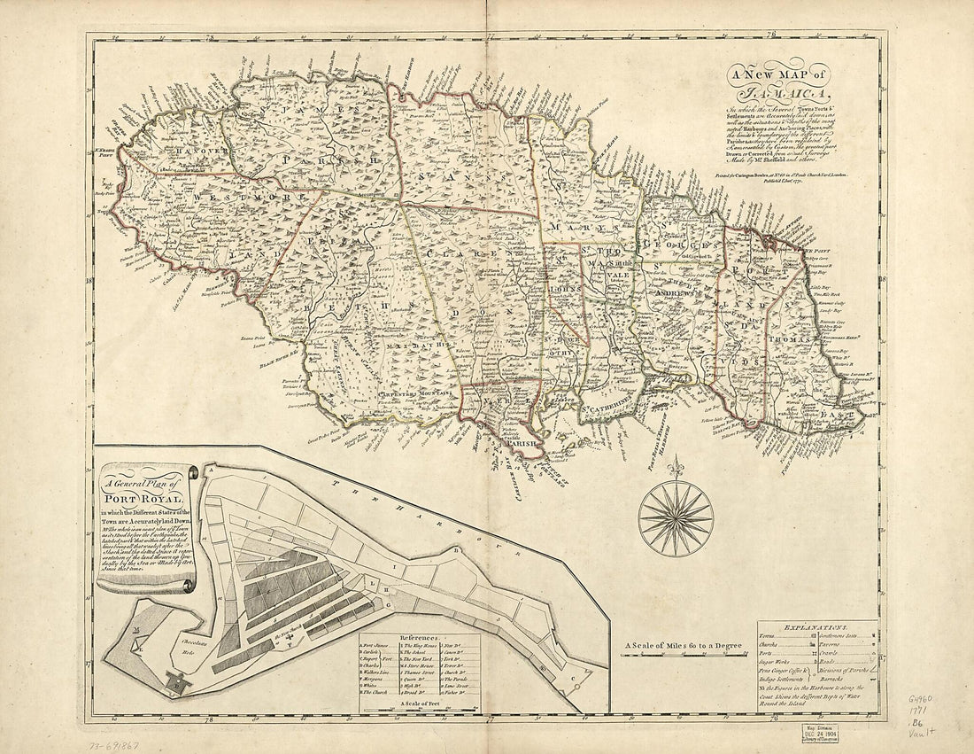 This old map of A New Map of Jamaica; In Which the Several Towns, Forts, & Settlements Are Accurately Laid Down, As Well As the Situations & Depths of the Most Noted Harbours and Anchoring Places  from 1771 was created by Carington Bowles,  Sheffield in