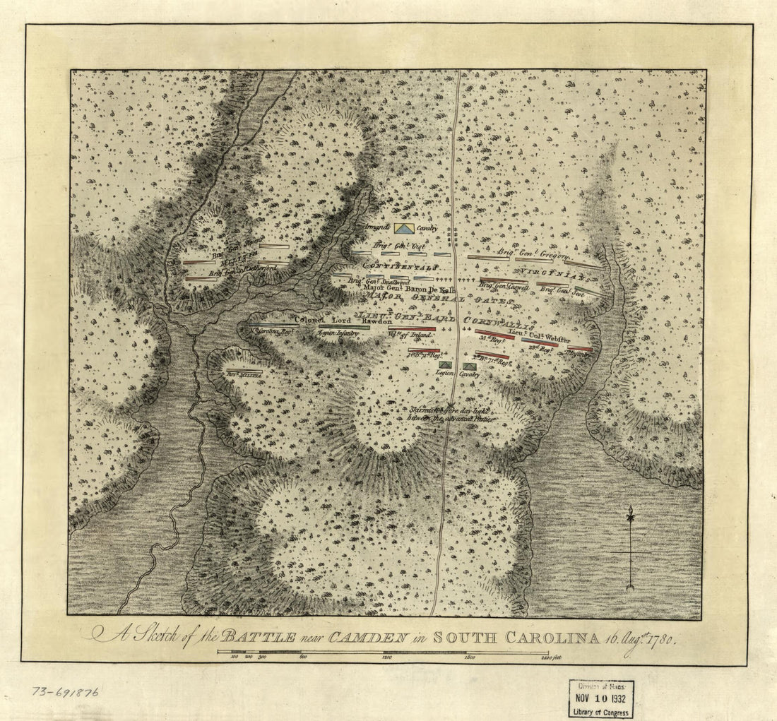 This old map of A Sketch of the Battle Near Camden In South Carolina, 16 Augst. from 1780 was created by Joseph F. W. (Joseph Frederick Wallet) Des Barres in 1780