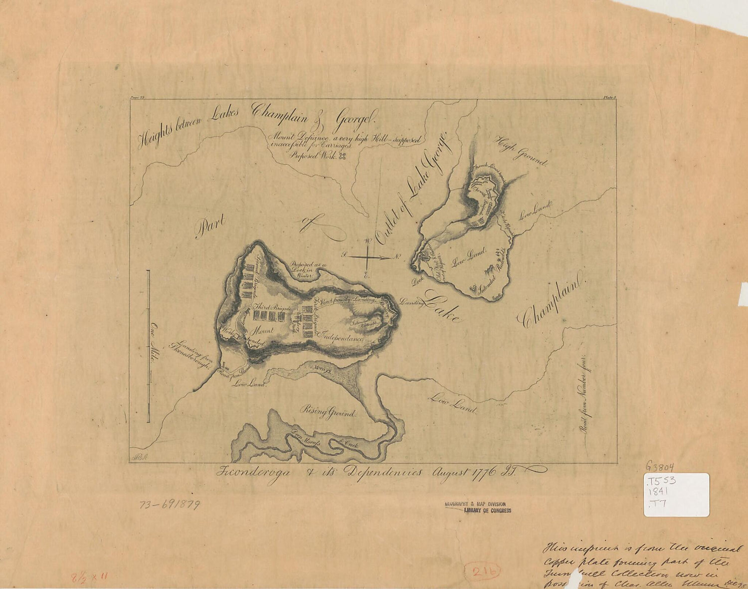 This old map of Ticonderoga &amp; Its Dependencies, August 1776 from 1841 was created by John Trumbull in 1841