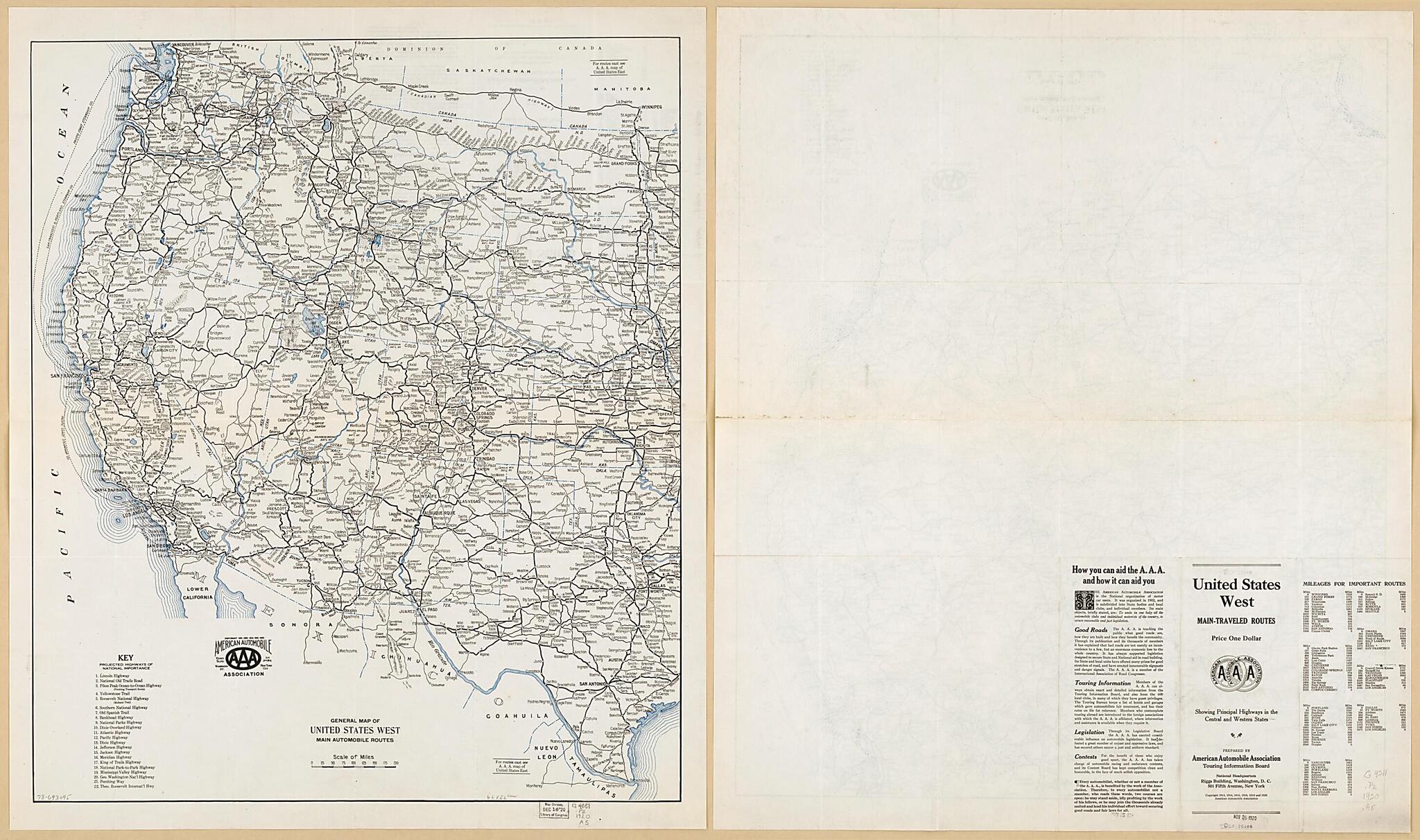 This old map of General Map of United States West Main Automobile Routes from 1916 was created by  American Automobile Association in 1916