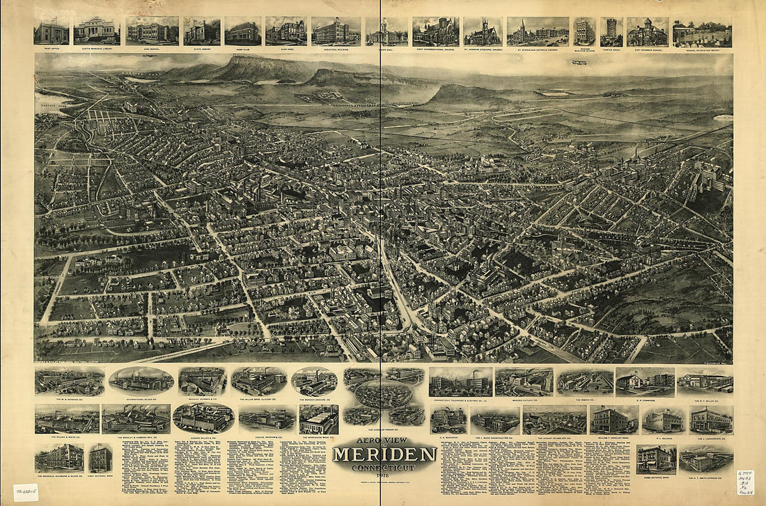 This old map of Aero View of Meriden, Connecticut from 1918 was created by T. M. (Thaddeus Mortimer) Fowler,  Hughes &amp; Bailey in 1918