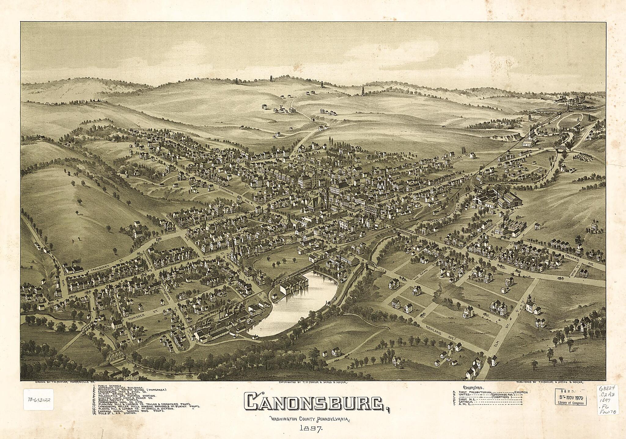 This old map of Canonsburg, Washington County, Pennsylvania from 1897 was created by T. M. (Thaddeus Mortimer) Fowler, James B. Moyer in 1897