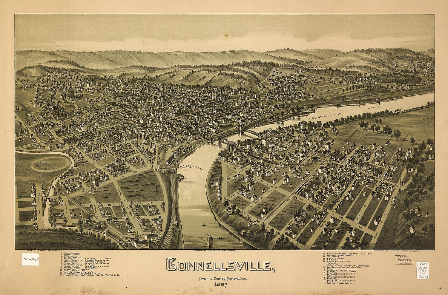 This old map of Connellsville, Fayette County, Pennsylvania from 1897 was created by T. M. (Thaddeus Mortimer) Fowler, James B. Moyer in 1897