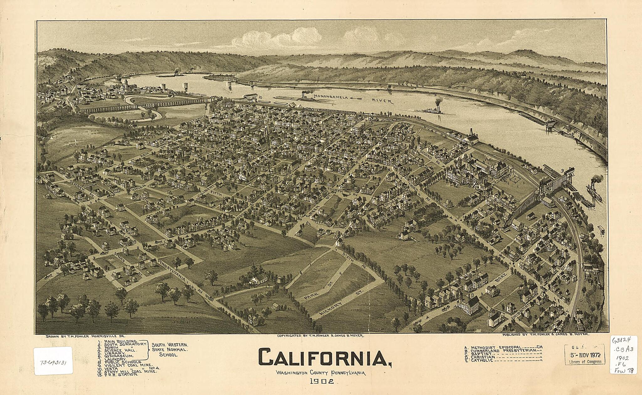 This old map of California, Washington County, Pennsylvania from 1902 was created by T. M. (Thaddeus Mortimer) Fowler, James B. Moyer in 1902