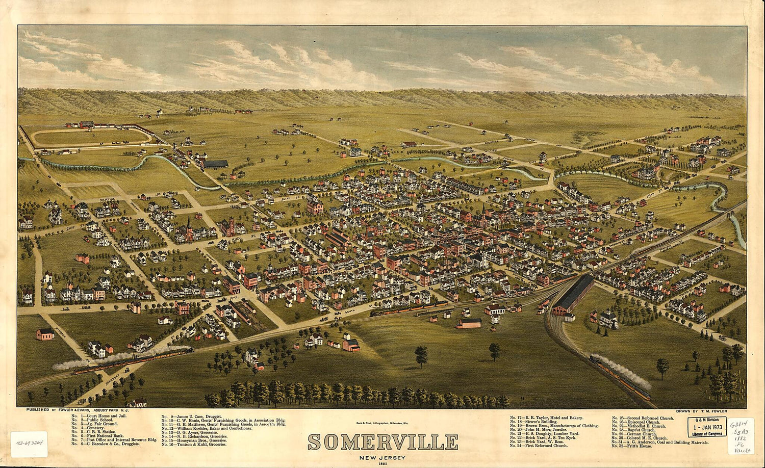 This old map of Somerville, New Jersey from 1882 was created by  Beck &amp; Pauli,  Fowler &amp; Evans, T. M. (Thaddeus Mortimer) Fowler in 1882