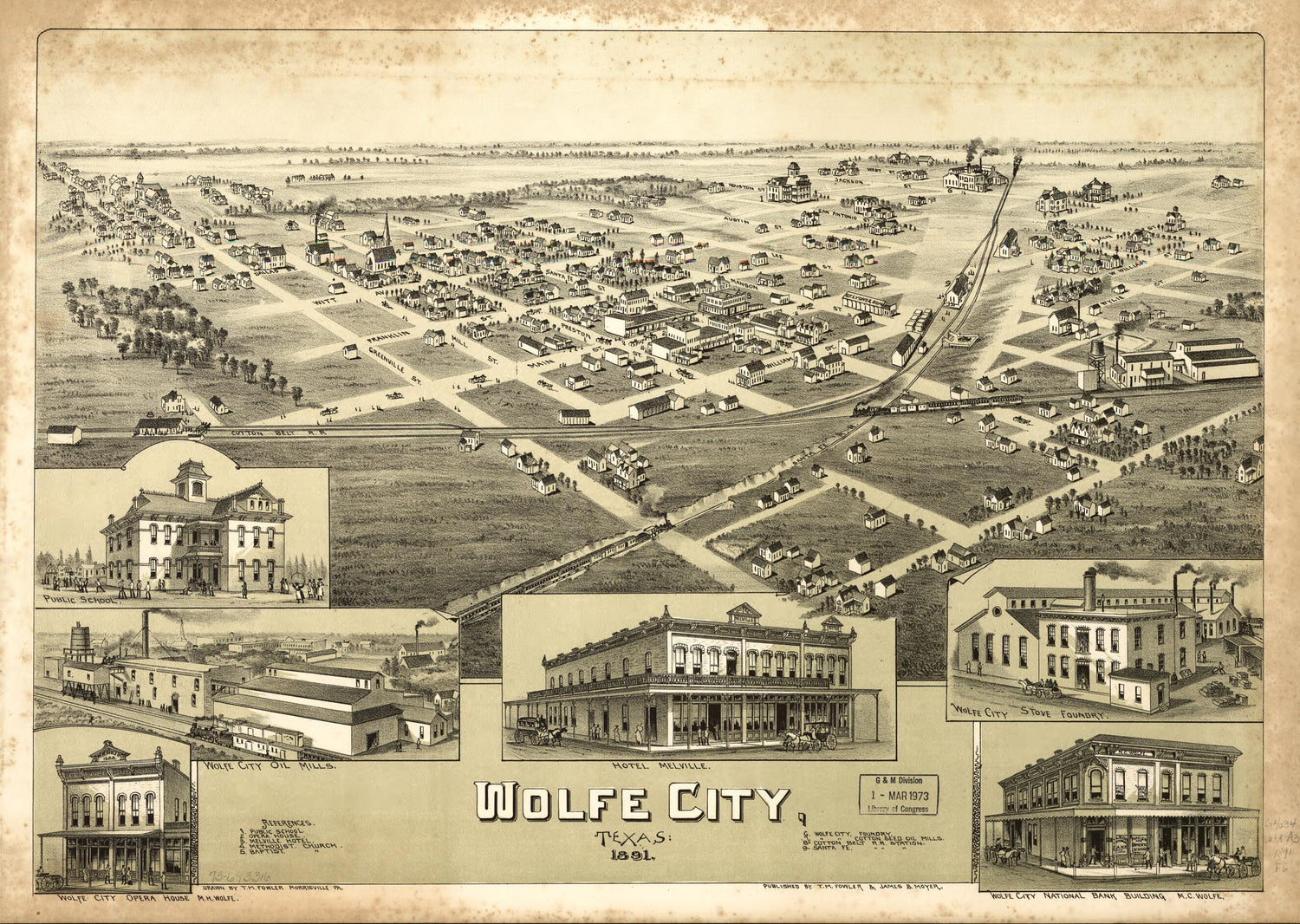 This old map of Wolfe City, Texas from 1891 was created by T. M. (Thaddeus Mortimer) Fowler, James B. Moyer in 1891