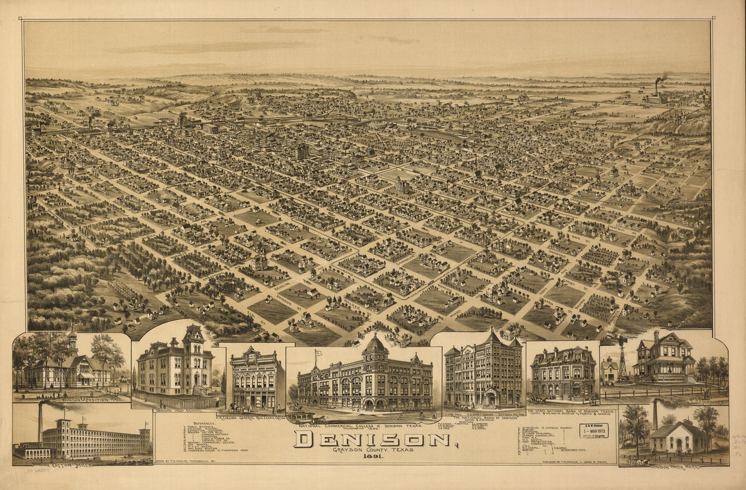 This old map of Denison, Grayson County, Texas from 1891 was created by T. M. (Thaddeus Mortimer) Fowler, James B. Moyer in 1891