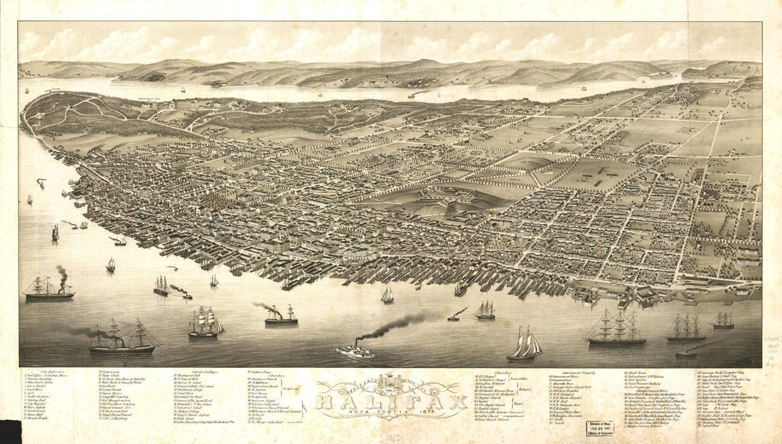 This old map of Panoramic View of the City of Halifax, Nova Scotia from 1879 was created by A. Ruger in 1879