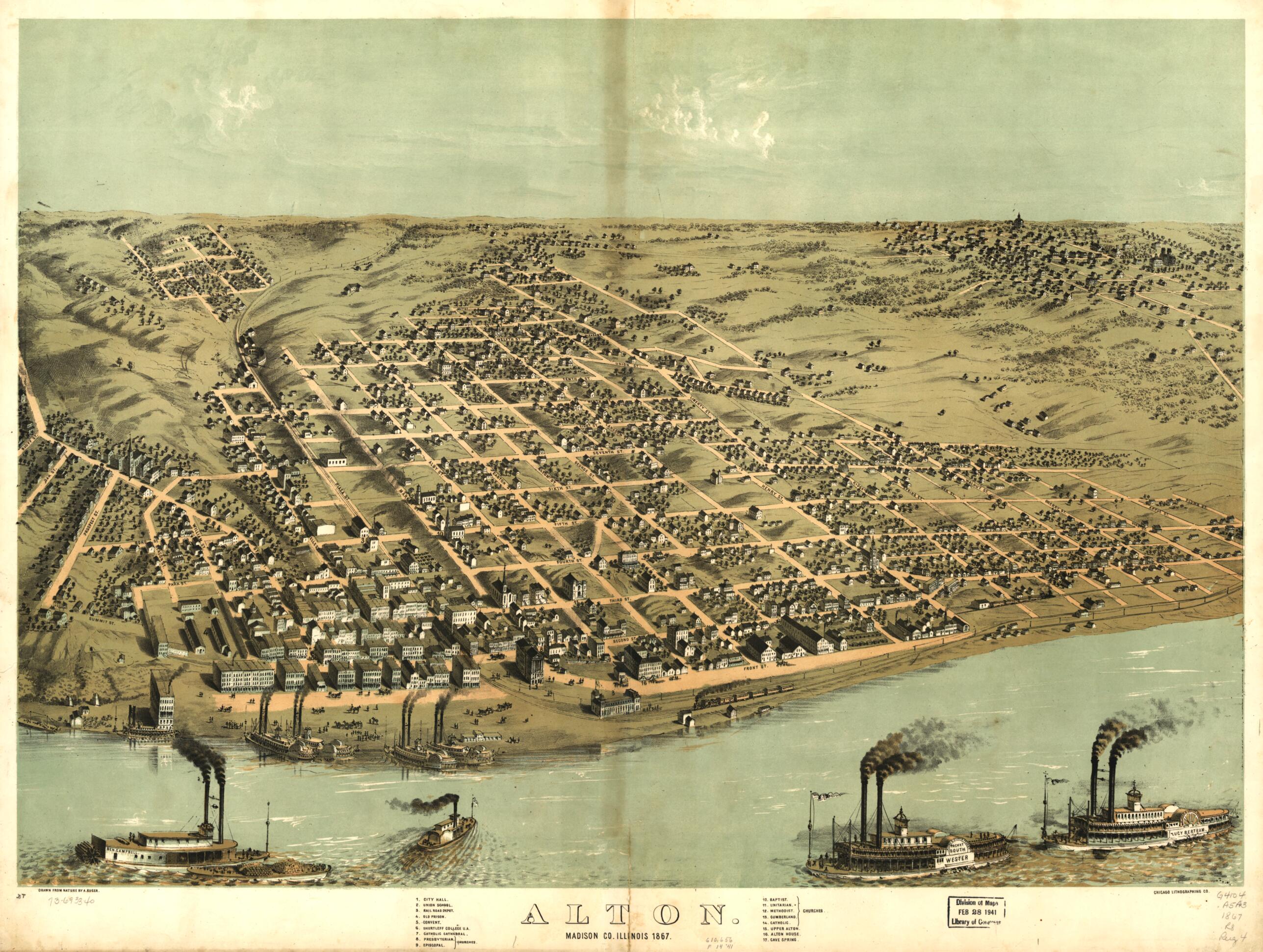 This old map of Alton, Madison County, Illinois from 1867 was created by  Chicago Lithographing Co, A. Ruger in 1867