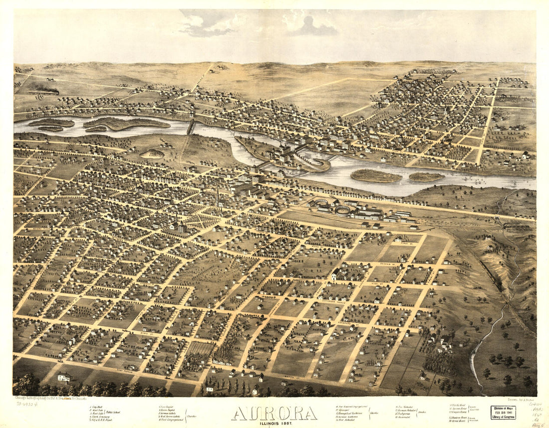 This old map of Aurora, Illinois from 1867 was created by  Chicago Lithographing Co, A. Ruger in 1867