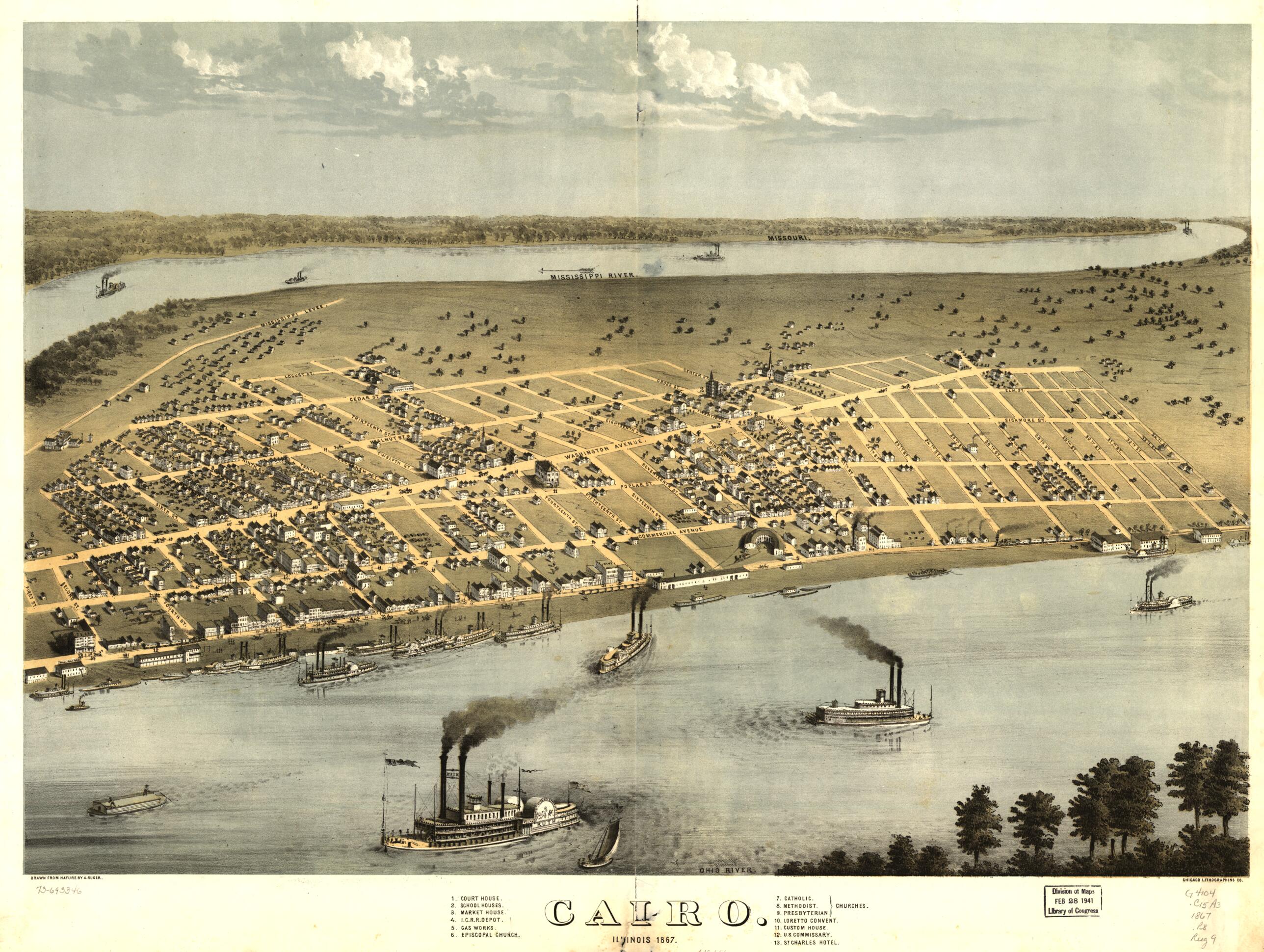 This old map of Cairo, Illinois from 1867 was created by  Chicago Lithographing Co, A. Ruger in 1867