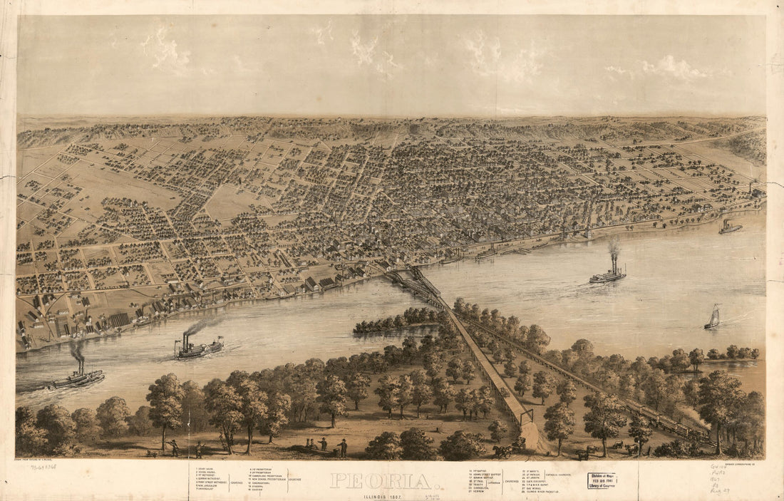 This old map of Peoria, Illinois from 1867 was created by  Chicago Lithographing Co, A. Ruger in 1867