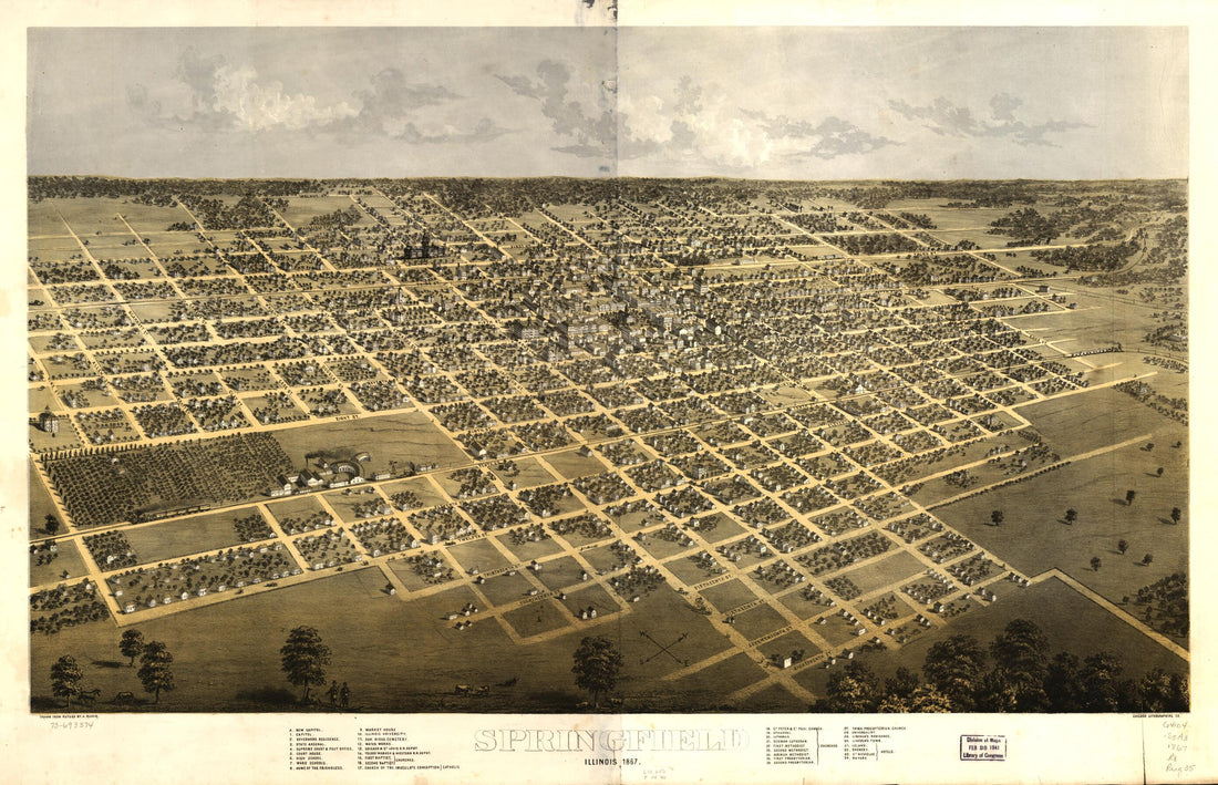This old map of Springfield, Illinois from 1867 was created by  Chicago Lithographing Co, A. Ruger in 1867